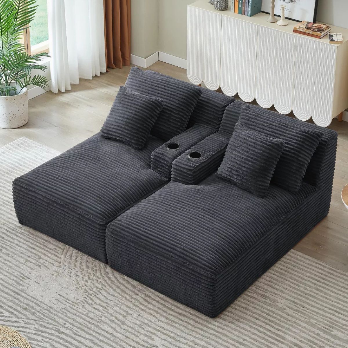 Double Chaise Lounge Sofa, Modular Sleeper with Cupholders & Corduroy Upholstery