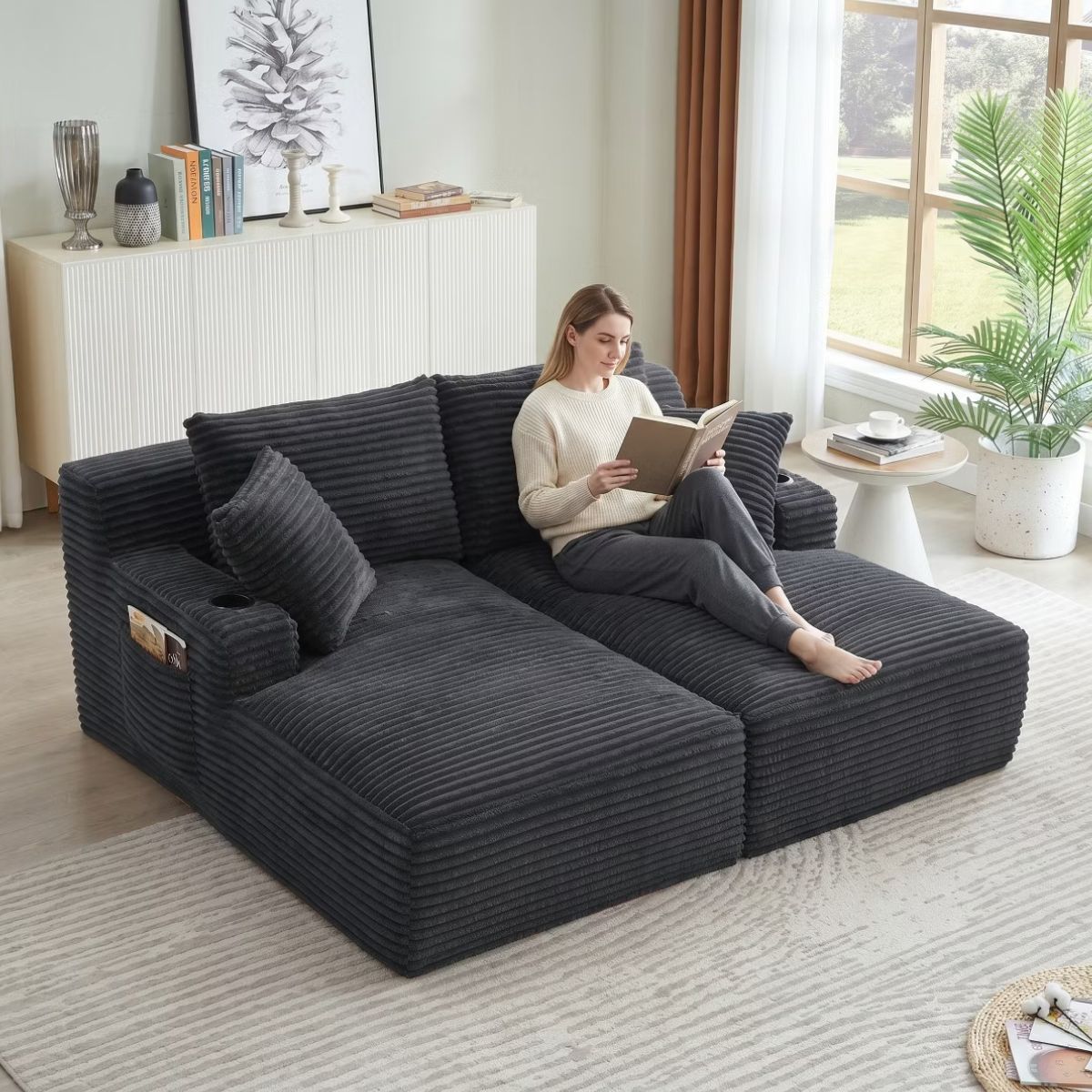 Double Chaise Lounge Sofa, Modular Sleeper with Cupholders & Corduroy Upholstery