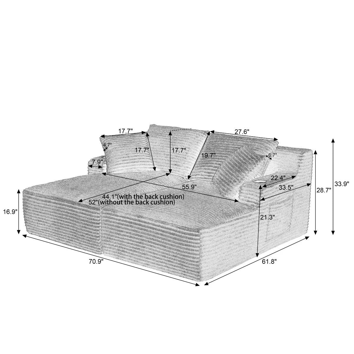 Double Chaise Lounge Sofa, Modular Sleeper with Cupholders & Corduroy Upholstery