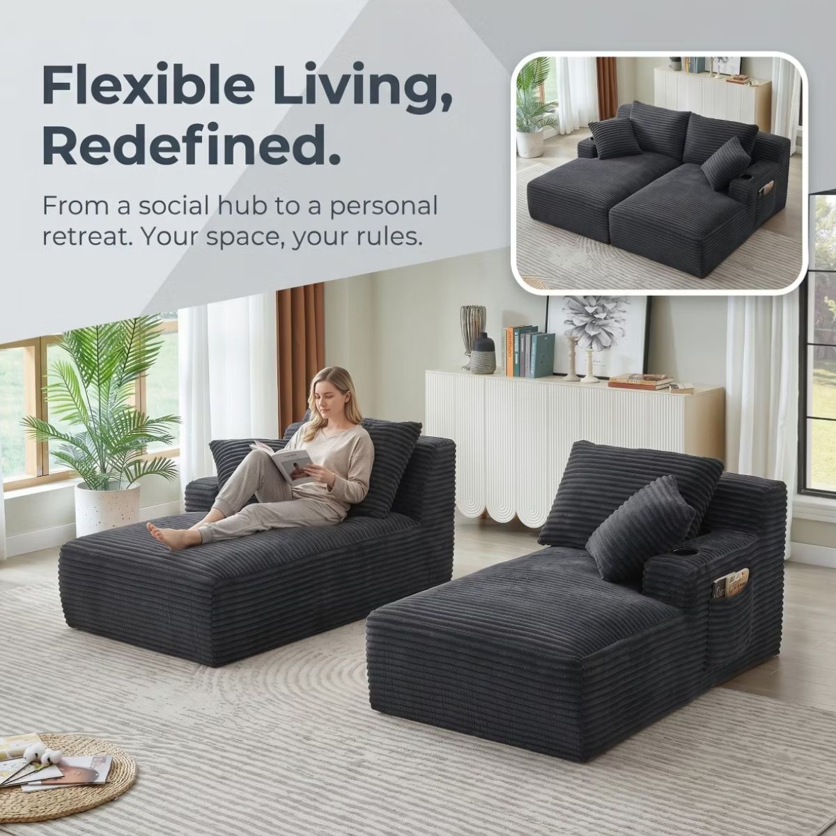 Double Chaise Lounge Sofa, Modular Sleeper with Cupholders & Corduroy Upholstery