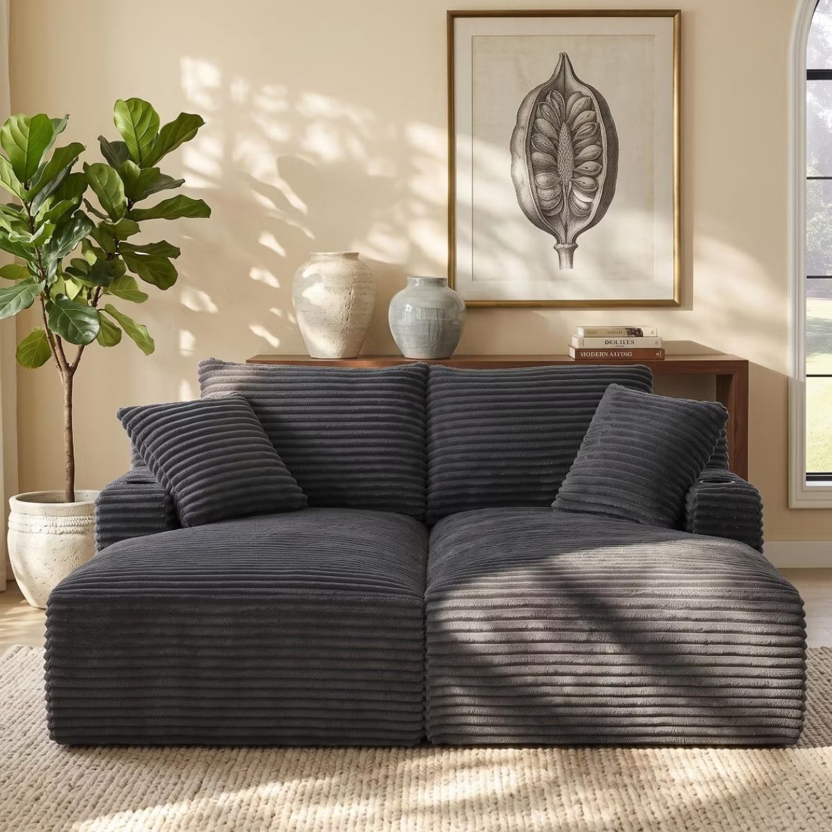 Double Chaise Lounge Sofa, Modular Sleeper with Cupholders & Corduroy Upholstery