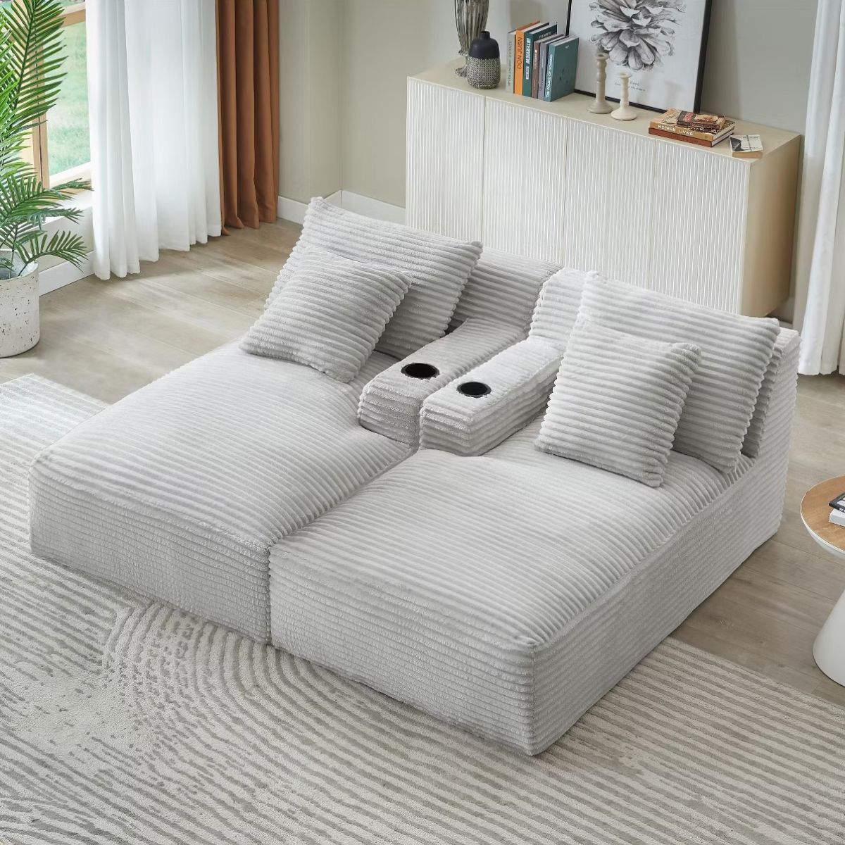 Double Chaise Lounge Sofa, Modular Sleeper with Cupholders & Corduroy Upholstery