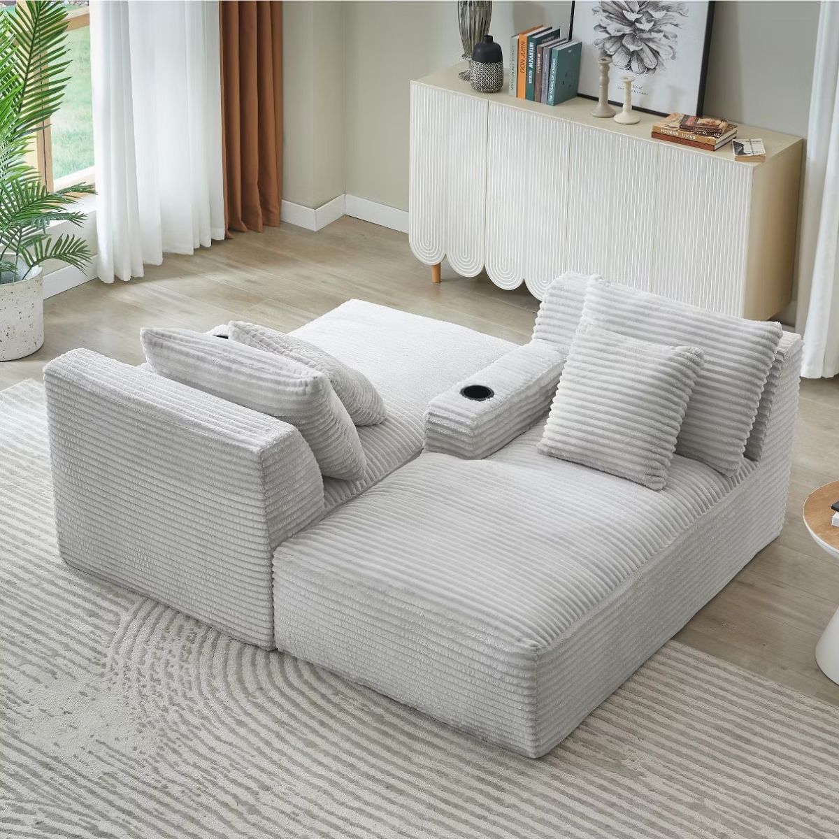 Double Chaise Lounge Sofa, Modular Sleeper with Cupholders & Corduroy Upholstery