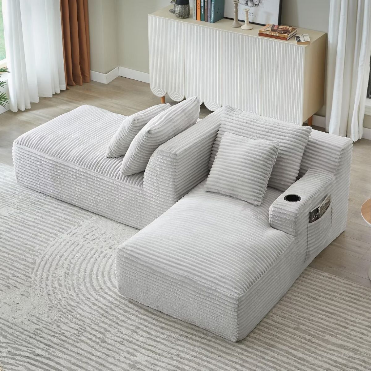Double Chaise Lounge Sofa, Modular Sleeper with Cupholders & Corduroy Upholstery