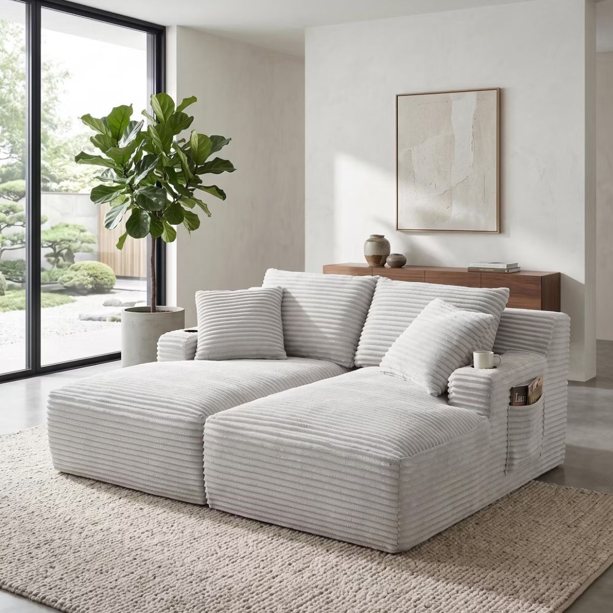 Double Chaise Lounge Sofa, Modular Sleeper with Cupholders & Corduroy Upholstery