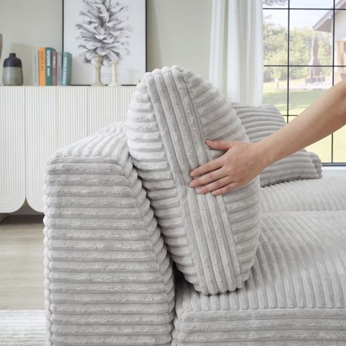 Double Chaise Lounge Sofa, Modular Sleeper with Cupholders & Corduroy Upholstery
