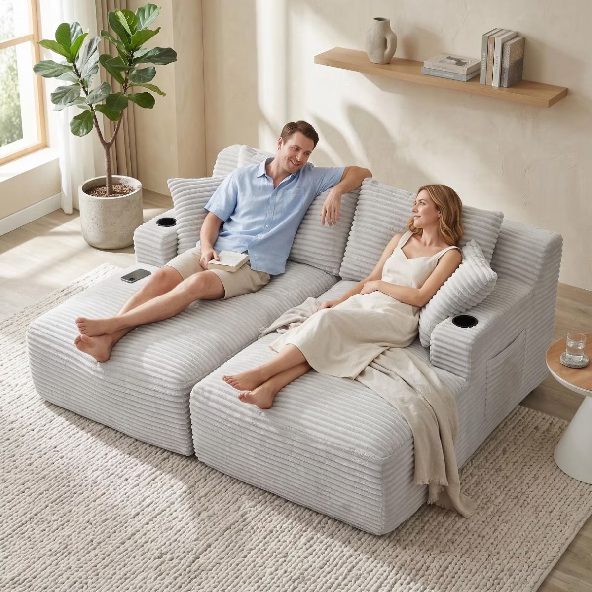 Double Chaise Lounge Sofa, Modular Sleeper with Cupholders & Corduroy Upholstery