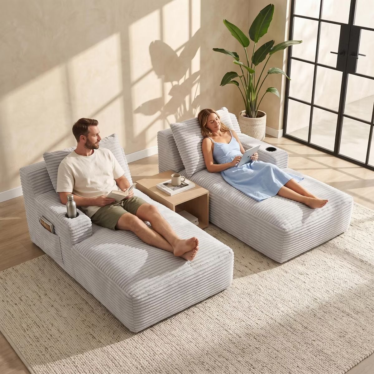 Double Chaise Lounge Sofa, Modular Sleeper with Cupholders & Corduroy Upholstery