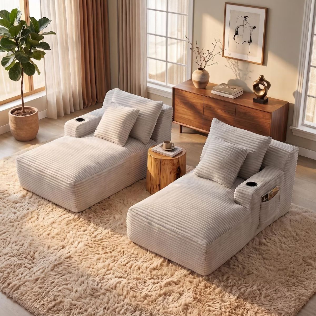 Double Chaise Lounge Sofa, Modular Sleeper with Cupholders & Corduroy Upholstery