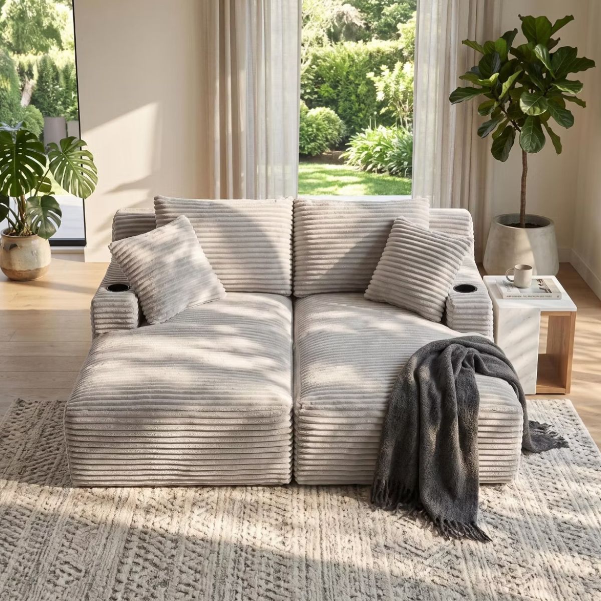 Double Chaise Lounge Sofa, Modular Sleeper with Cupholders & Corduroy Upholstery