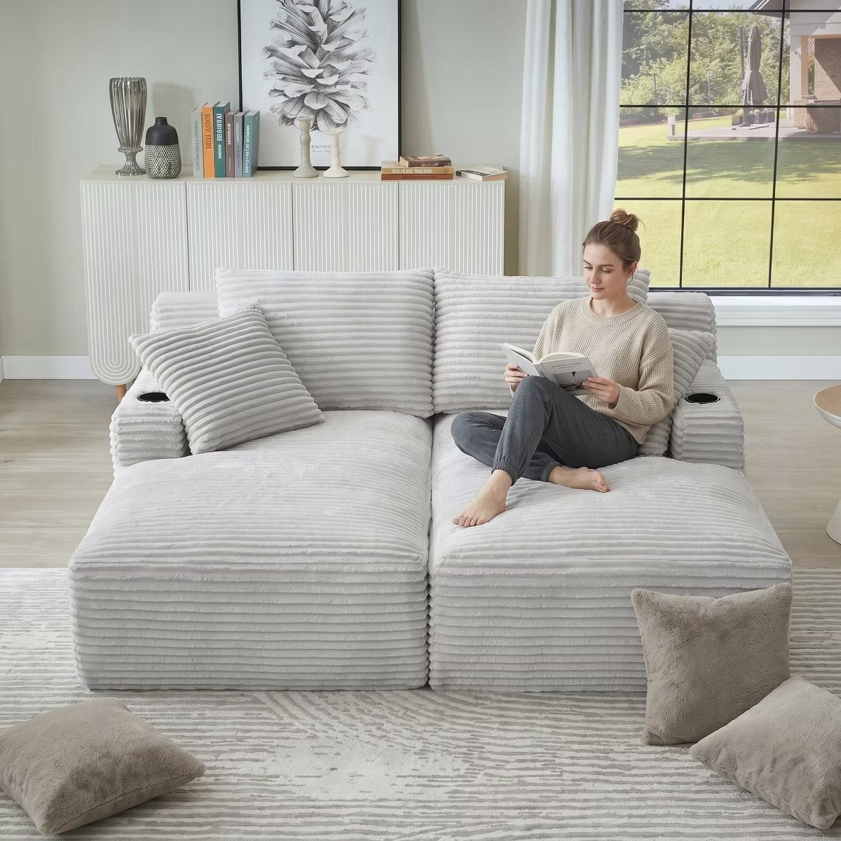 Double Chaise Lounge Sofa, Modular Sleeper with Cupholders & Corduroy Upholstery