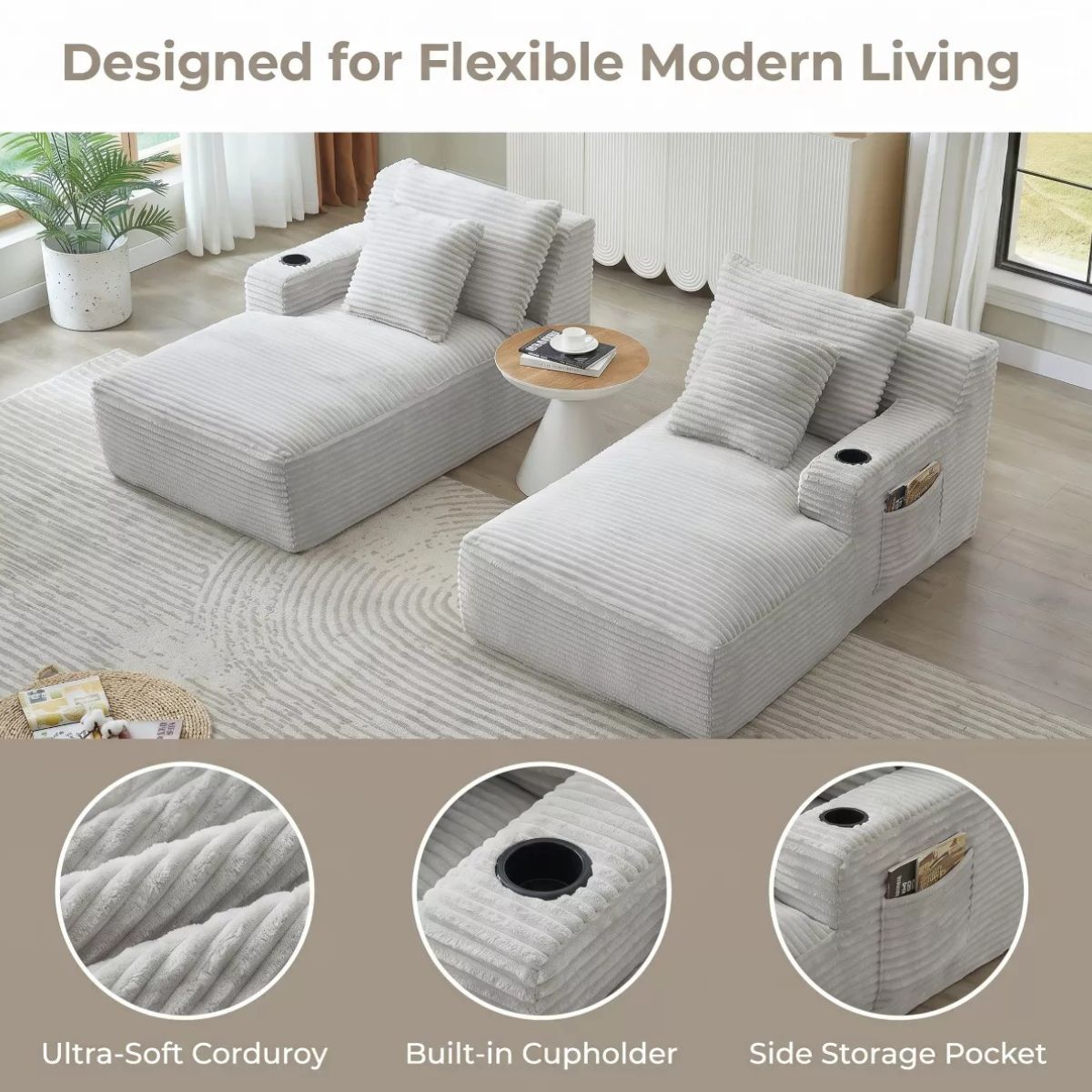 Double Chaise Lounge Sofa, Modular Sleeper with Cupholders & Corduroy Upholstery