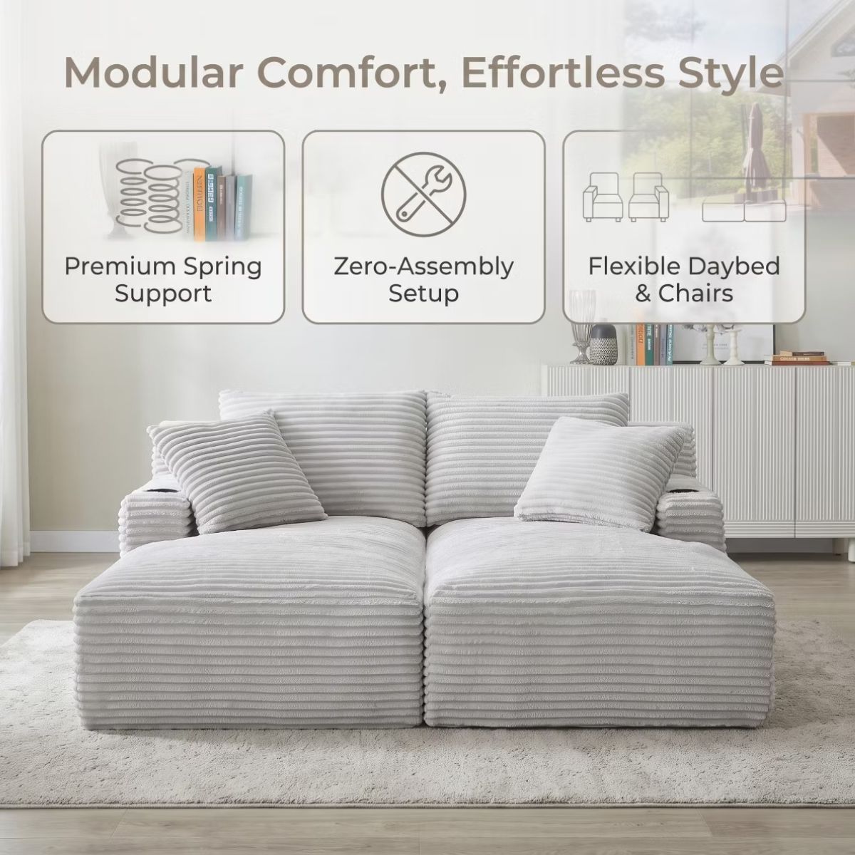 Double Chaise Lounge Sofa, Modular Sleeper with Cupholders & Corduroy Upholstery