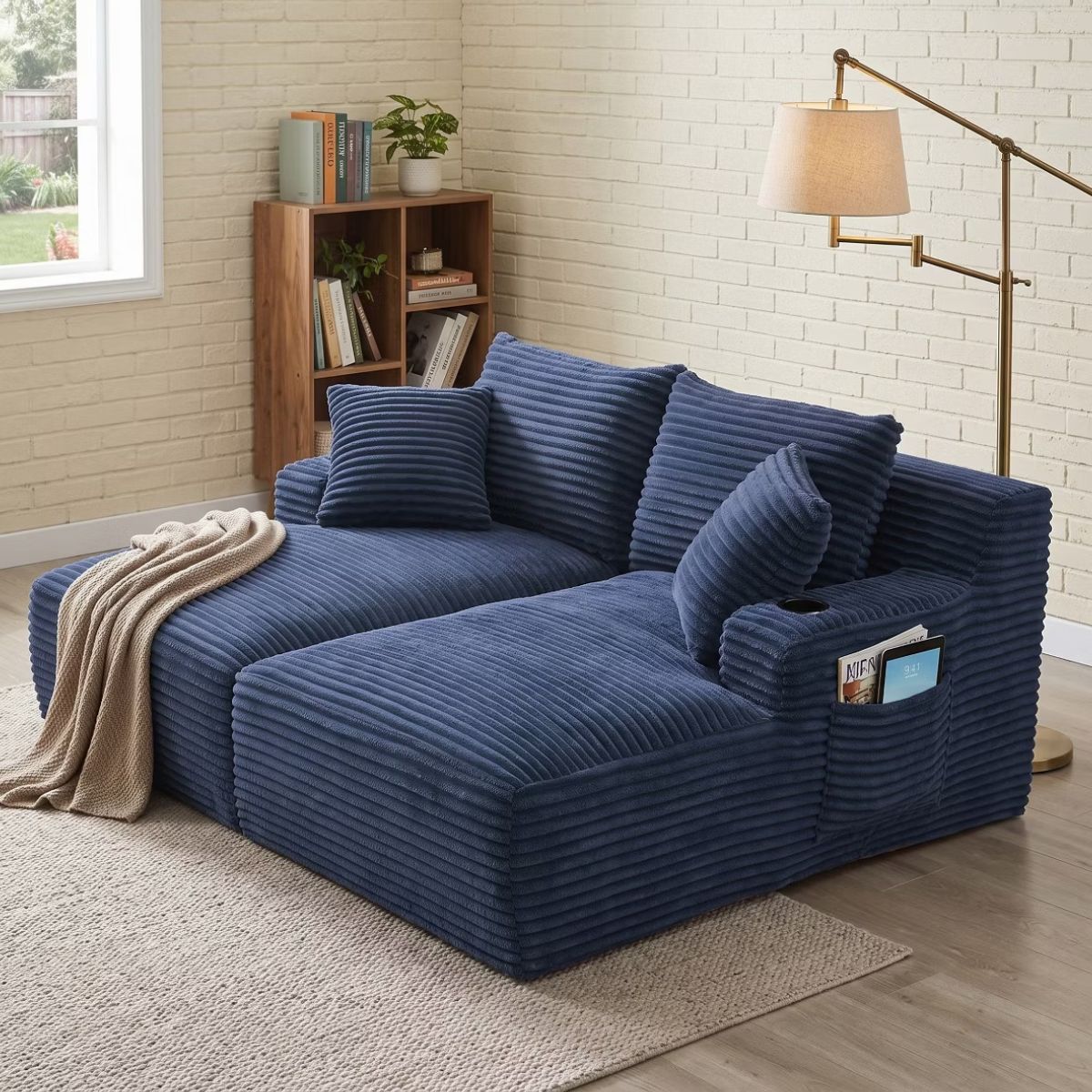Double Chaise Lounge Sofa, Modular Sleeper with Cupholders & Corduroy Upholstery