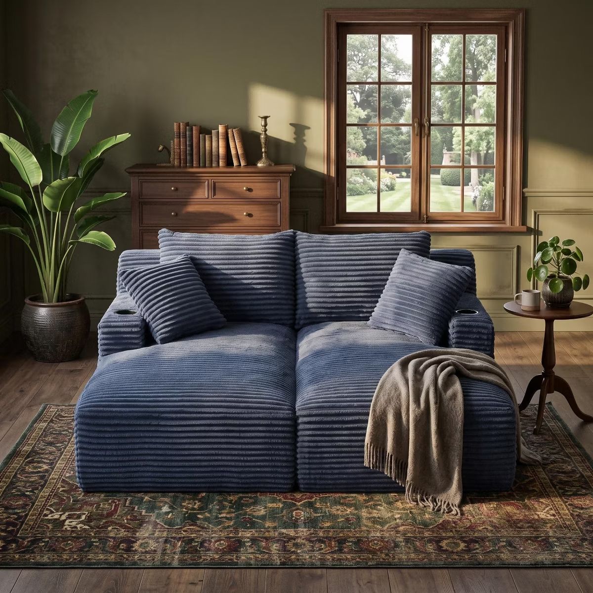 Double Chaise Lounge Sofa, Modular Sleeper with Cupholders & Corduroy Upholstery