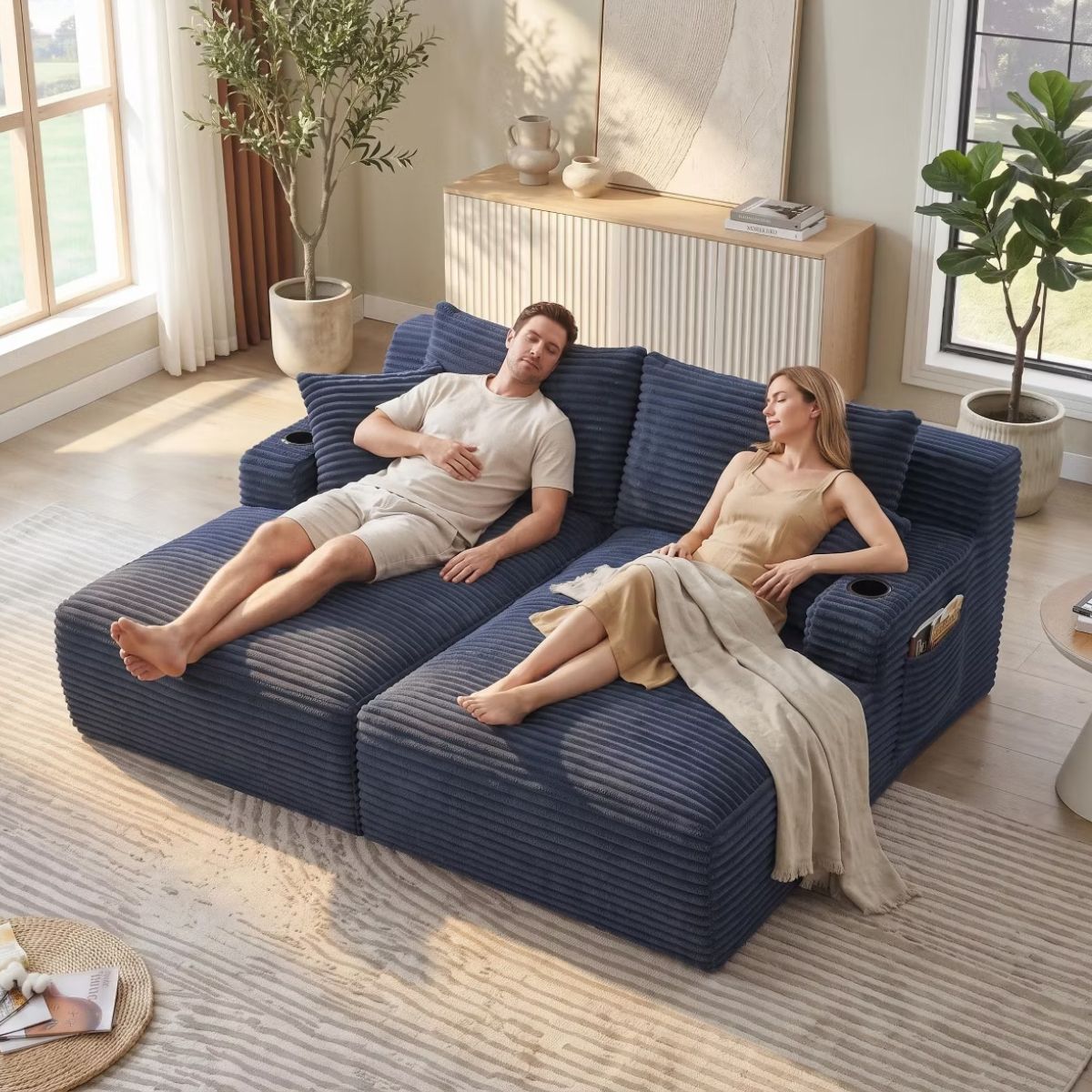 Double Chaise Lounge Sofa, Modular Sleeper with Cupholders & Corduroy Upholstery