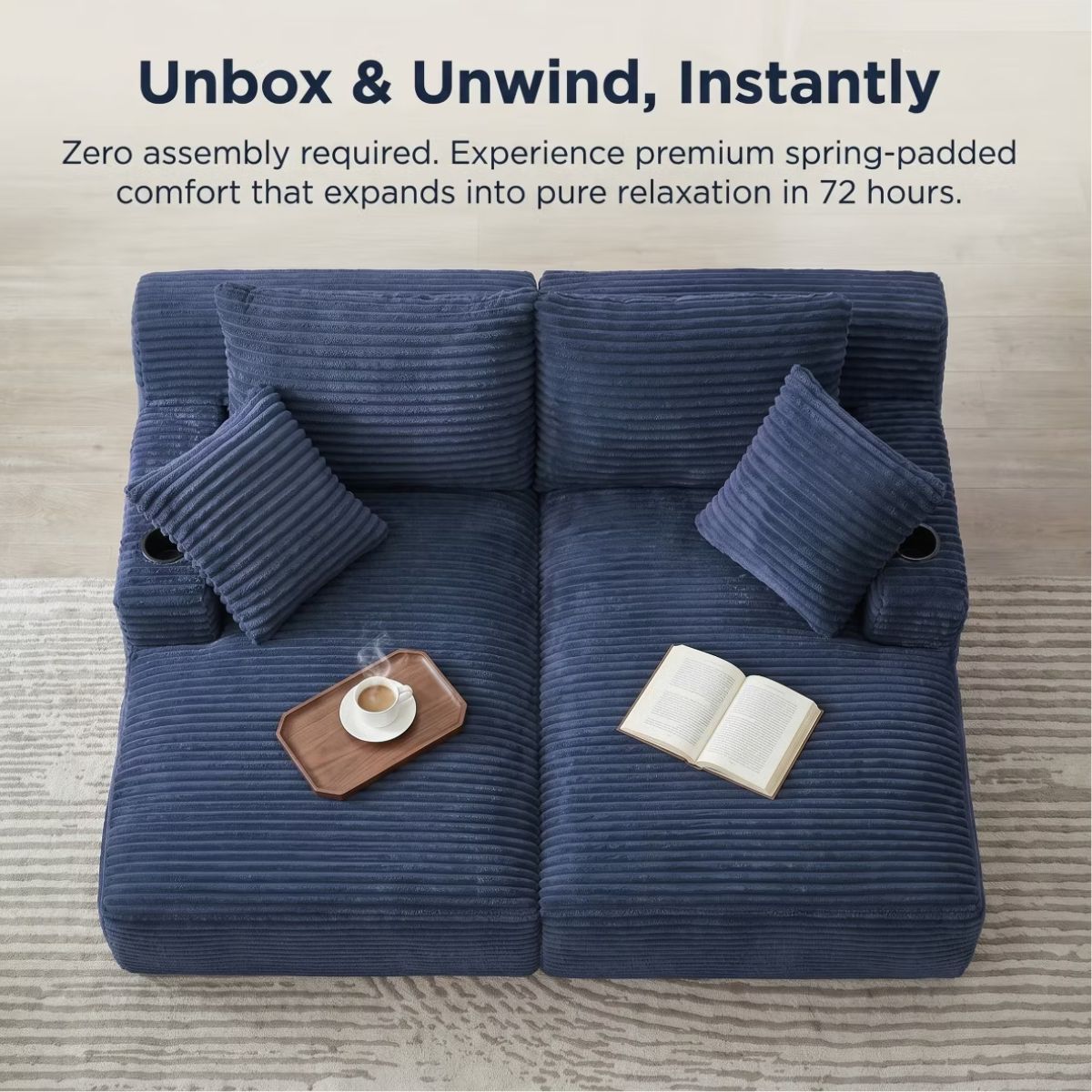Double Chaise Lounge Sofa, Modular Sleeper with Cupholders & Corduroy Upholstery
