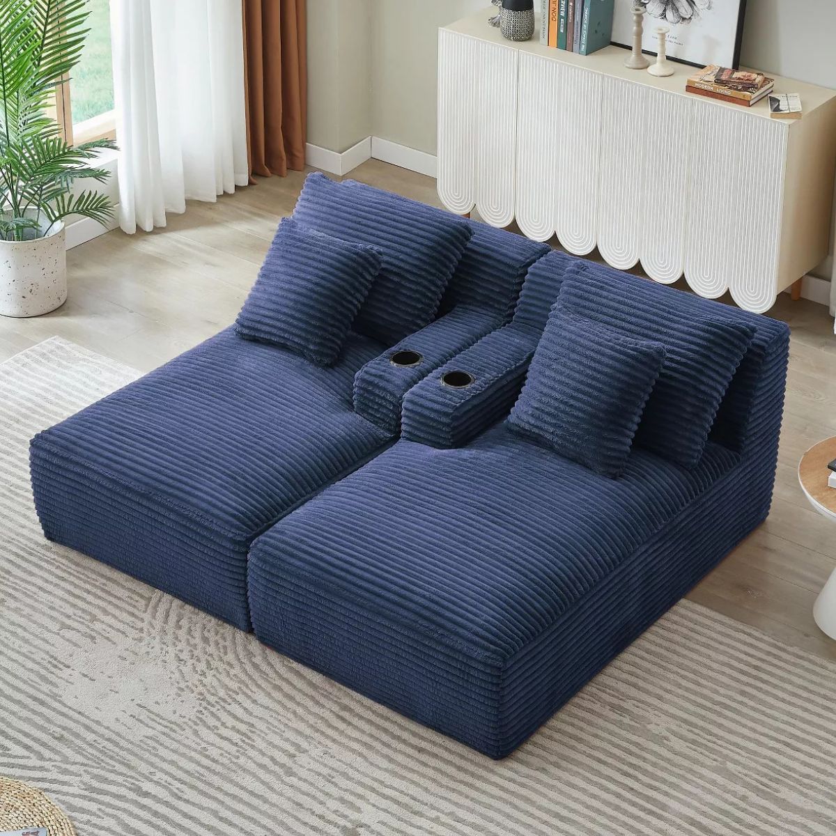 Double Chaise Lounge Sofa, Modular Sleeper with Cupholders & Corduroy Upholstery