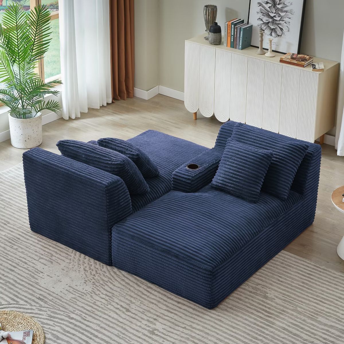 Double Chaise Lounge Sofa, Modular Sleeper with Cupholders & Corduroy Upholstery