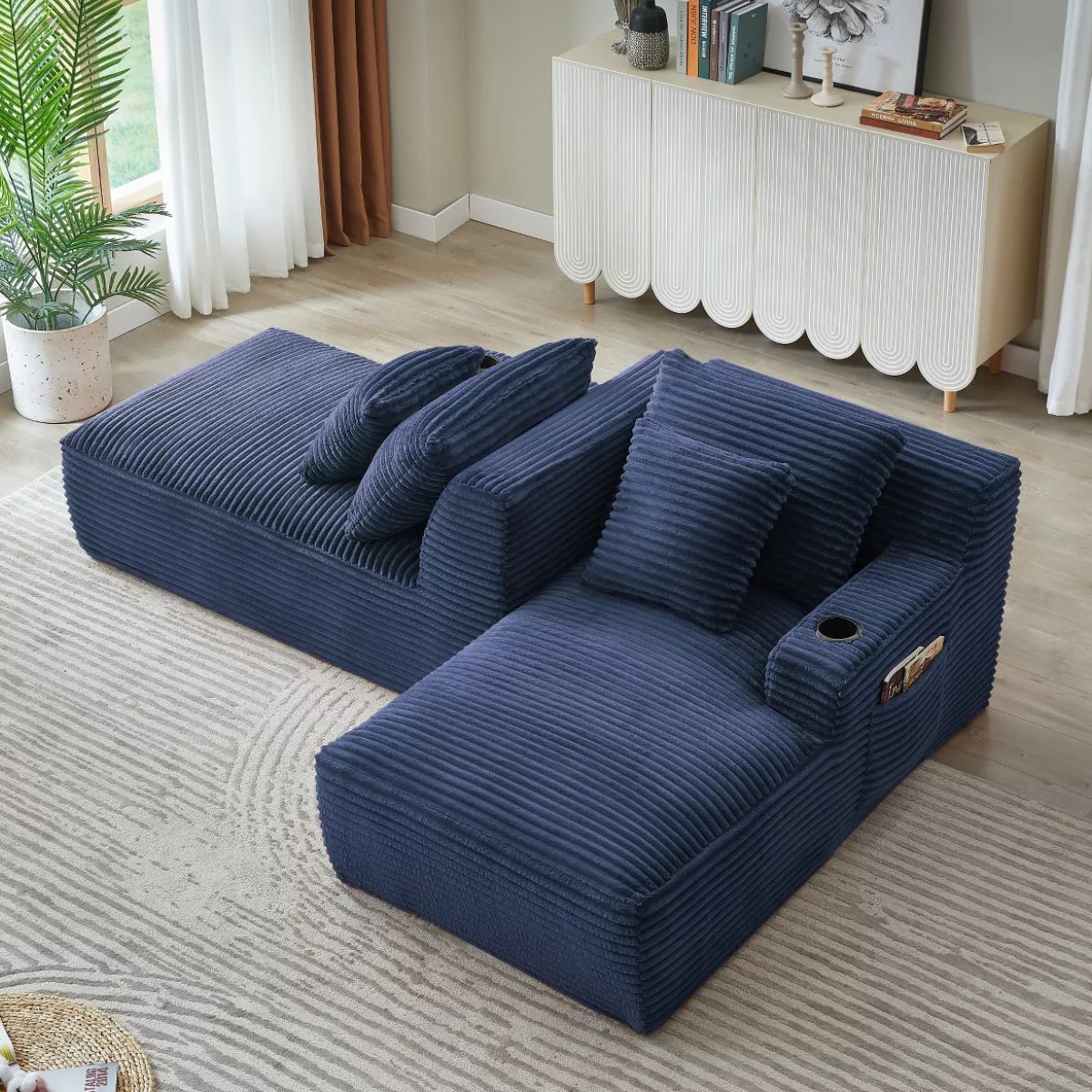 Double Chaise Lounge Sofa, Modular Sleeper with Cupholders & Corduroy Upholstery