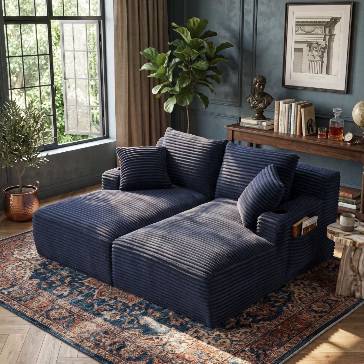 Double Chaise Lounge Sofa, Modular Sleeper with Cupholders & Corduroy Upholstery