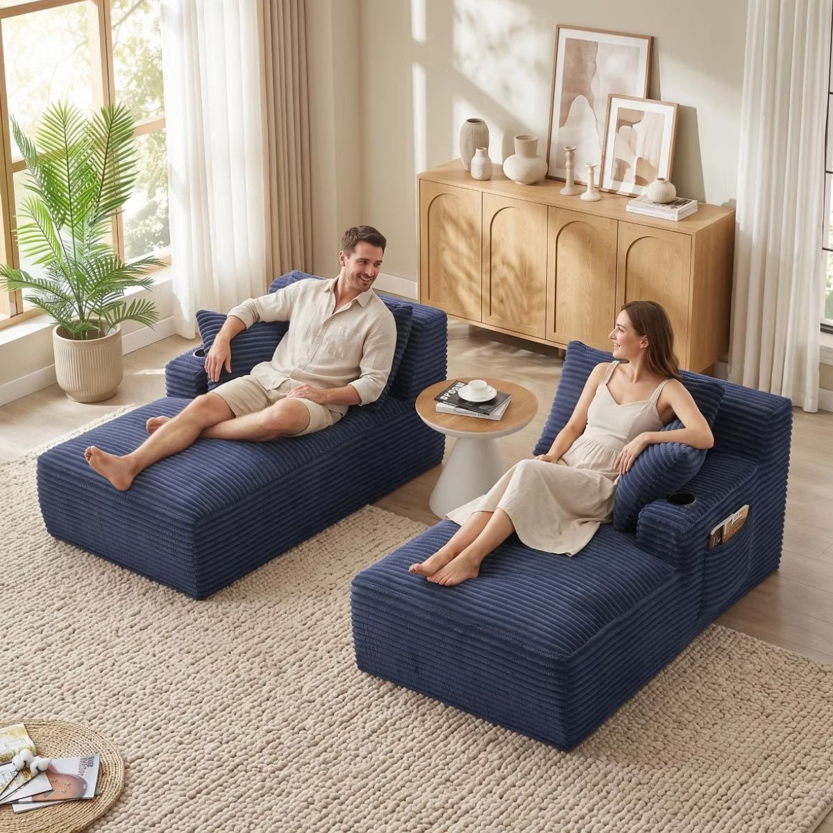 Double Chaise Lounge Sofa, Modular Sleeper with Cupholders & Corduroy Upholstery