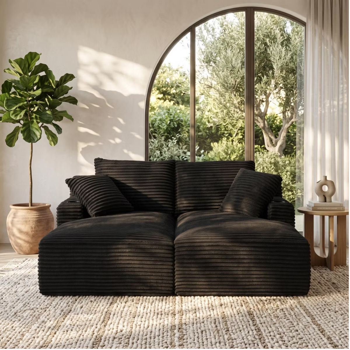 Double Chaise Lounge Sofa, Modular Sleeper with Cupholders & Corduroy Upholstery
