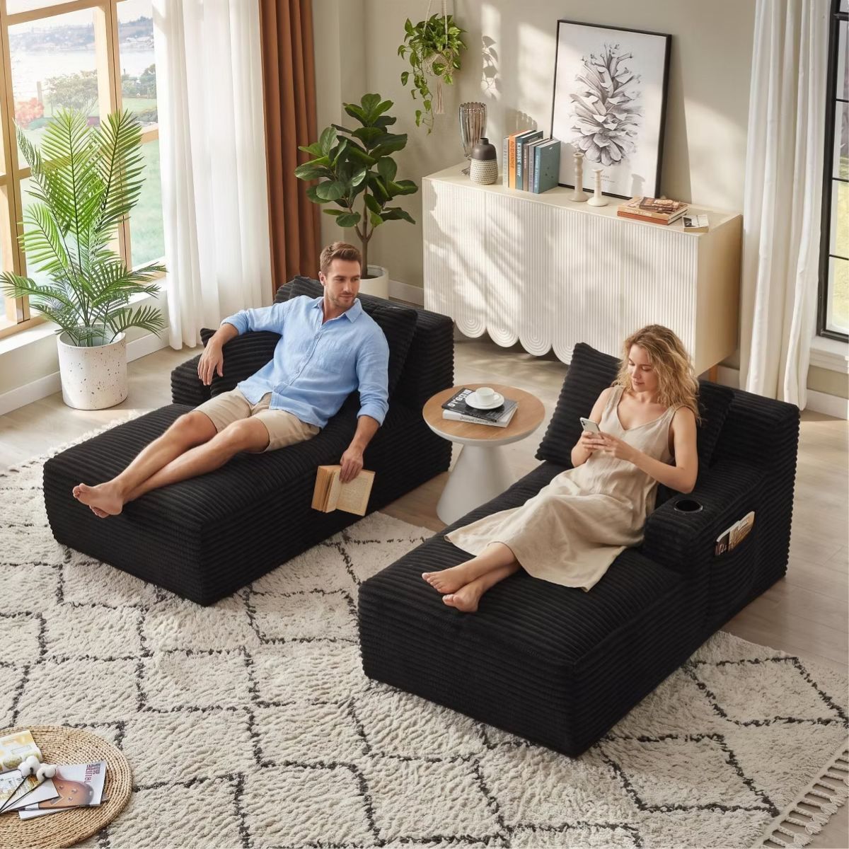 Double Chaise Lounge Sofa, Modular Sleeper with Cupholders & Corduroy Upholstery
