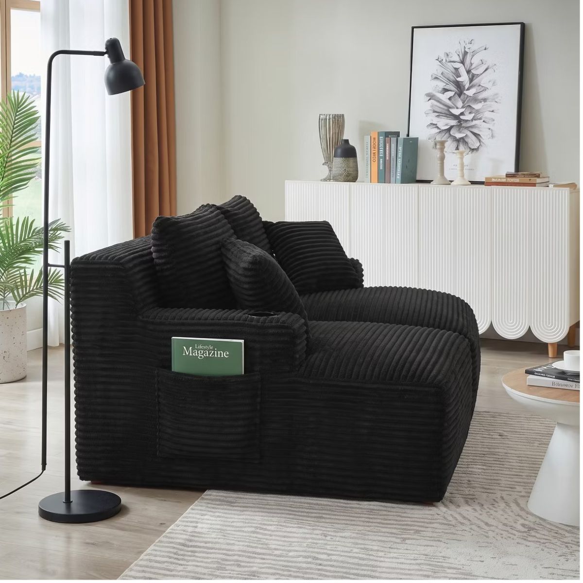 Double Chaise Lounge Sofa, Modular Sleeper with Cupholders & Corduroy Upholstery