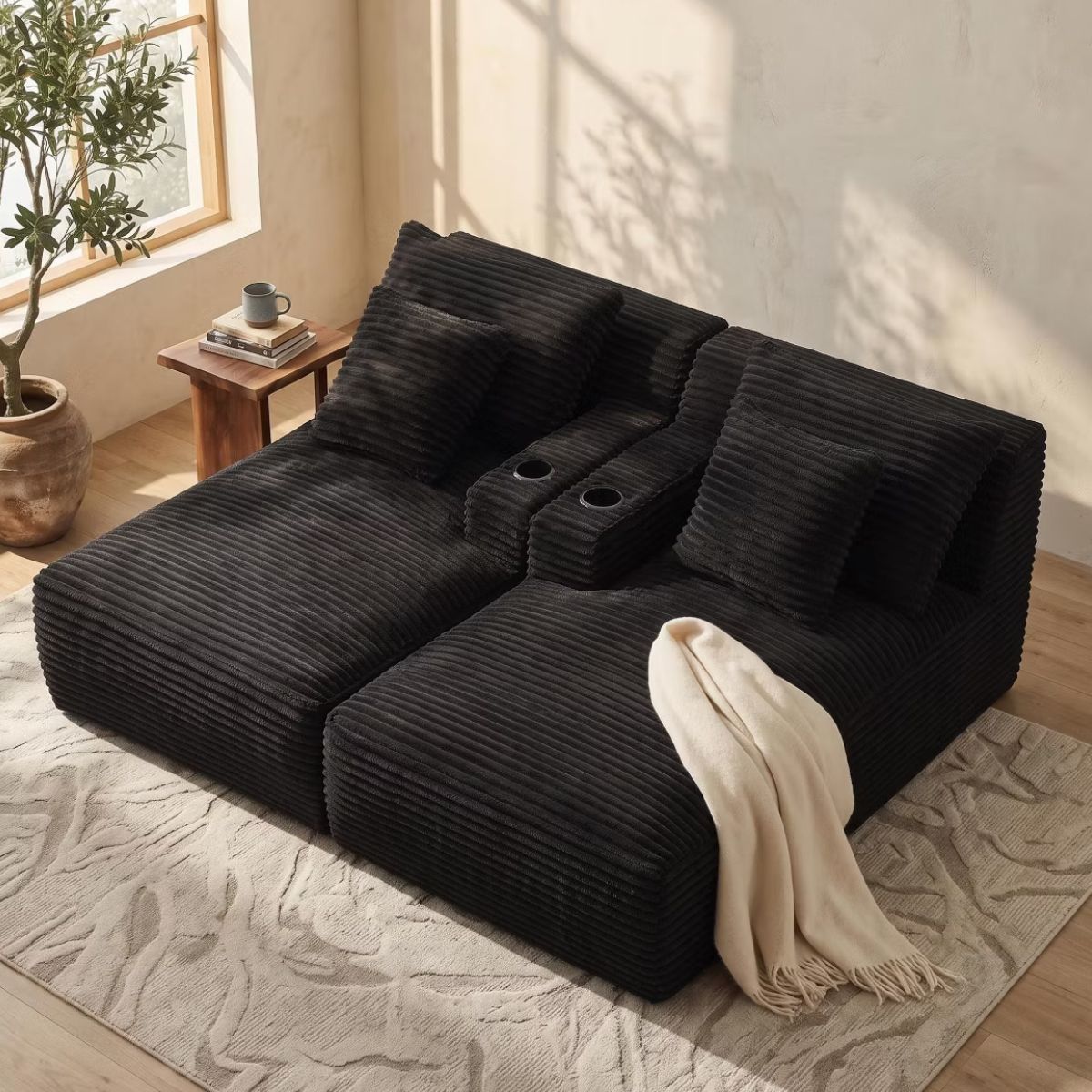 Double Chaise Lounge Sofa, Modular Sleeper with Cupholders & Corduroy Upholstery