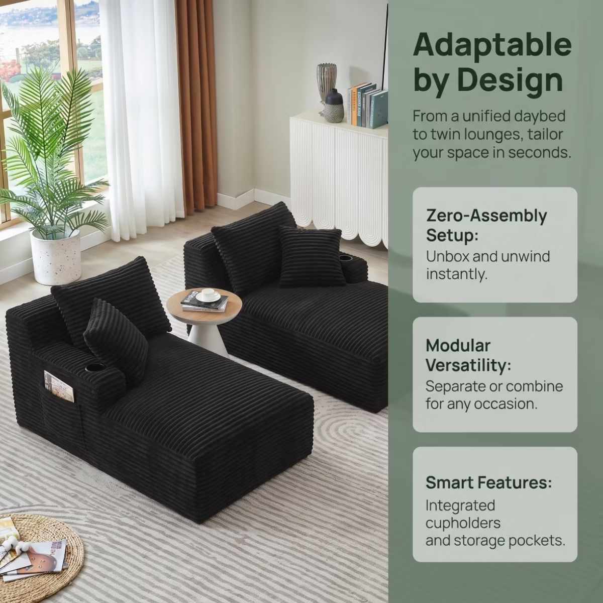 Double Chaise Lounge Sofa, Modular Sleeper with Cupholders & Corduroy Upholstery