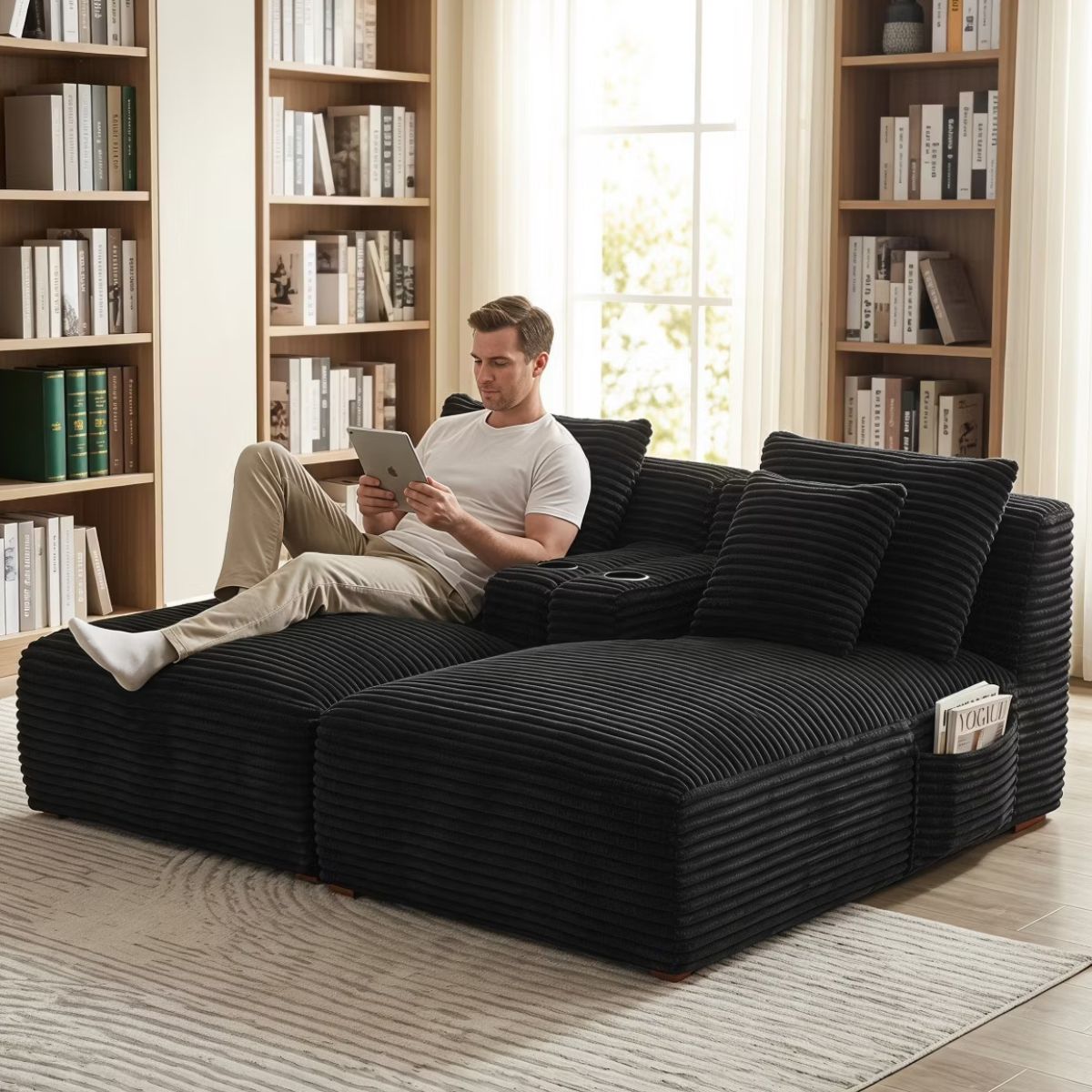 Double Chaise Lounge Sofa, Modular Sleeper with Cupholders & Corduroy Upholstery