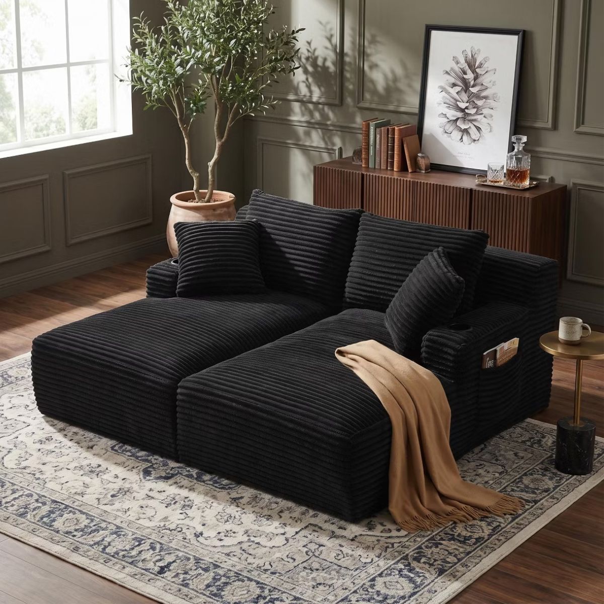 Double Chaise Lounge Sofa, Modular Sleeper with Cupholders & Corduroy Upholstery