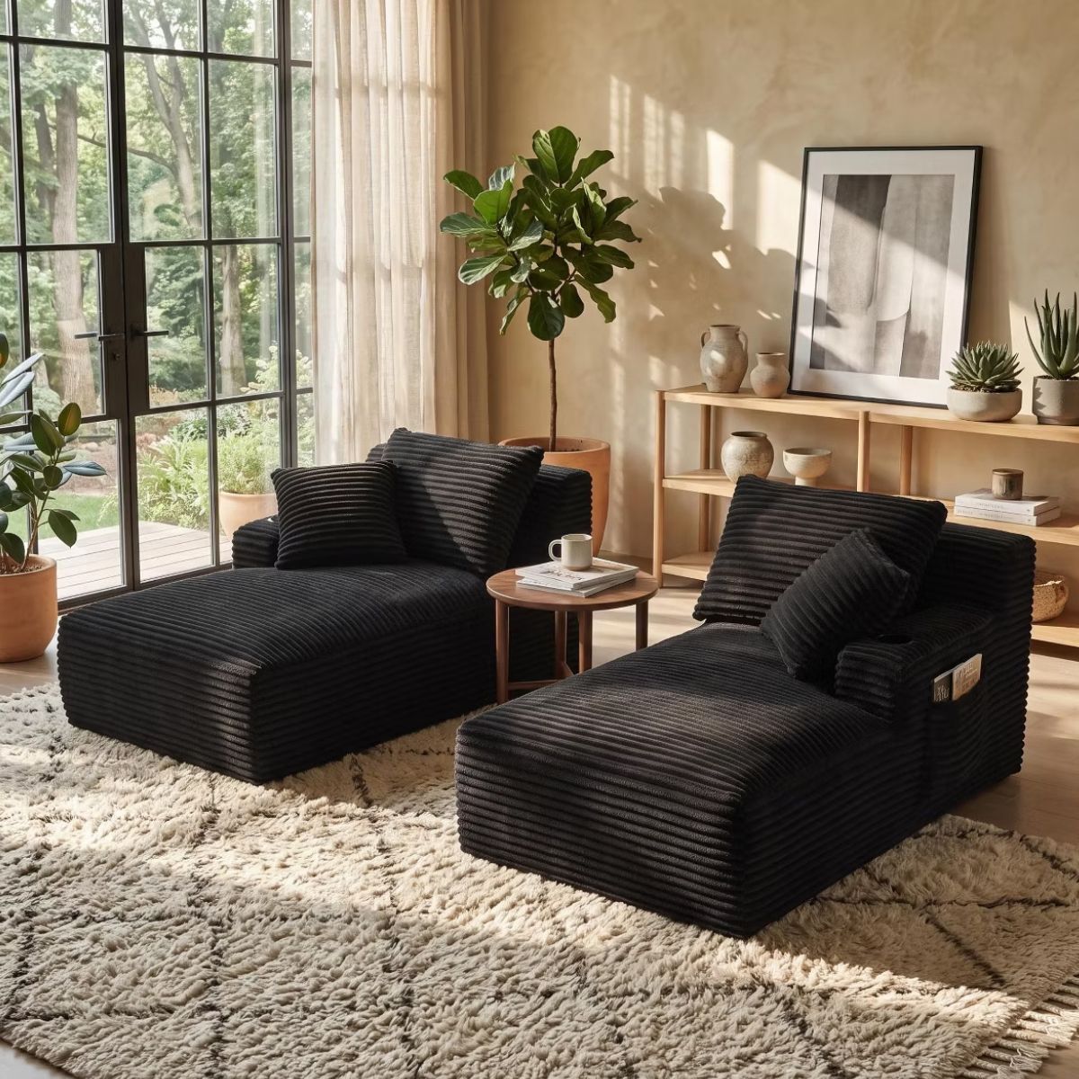 Double Chaise Lounge Sofa, Modular Sleeper with Cupholders & Corduroy Upholstery