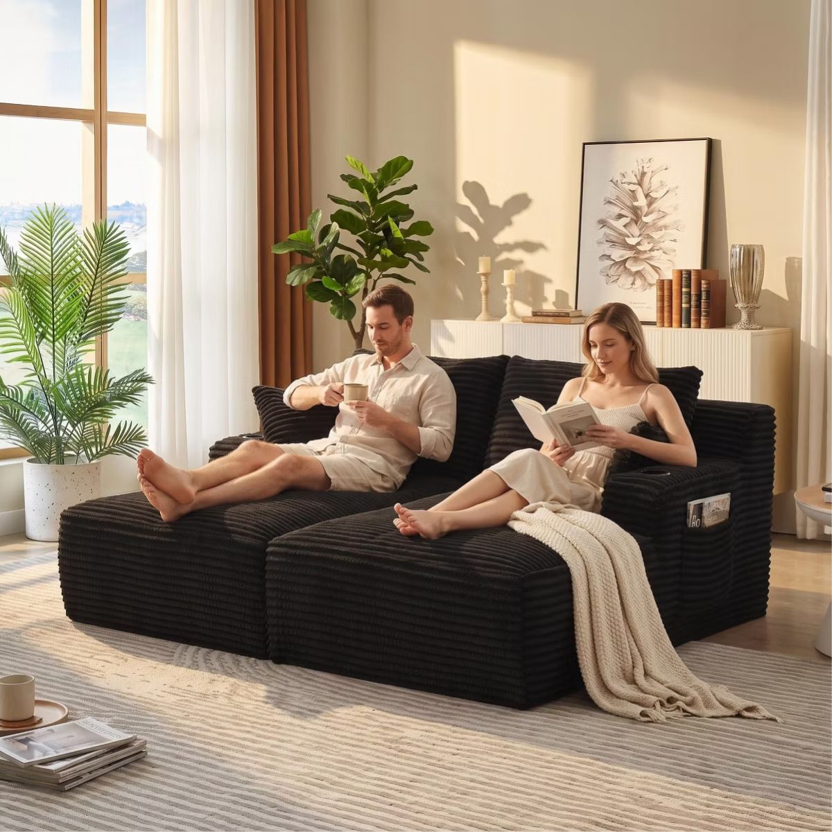 Double Chaise Lounge Sofa, Modular Sleeper with Cupholders & Corduroy Upholstery