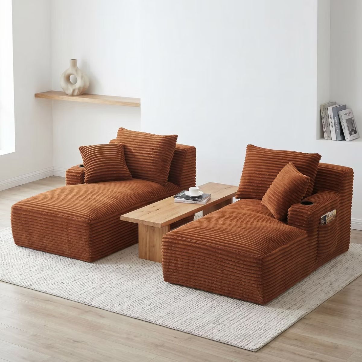 Double Chaise Lounge Sofa, Modular Sleeper with Cupholders & Corduroy Upholstery