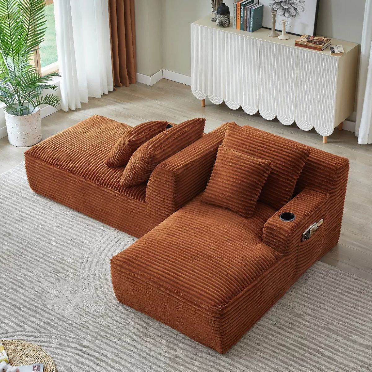 Double Chaise Lounge Sofa, Modular Sleeper with Cupholders & Corduroy Upholstery