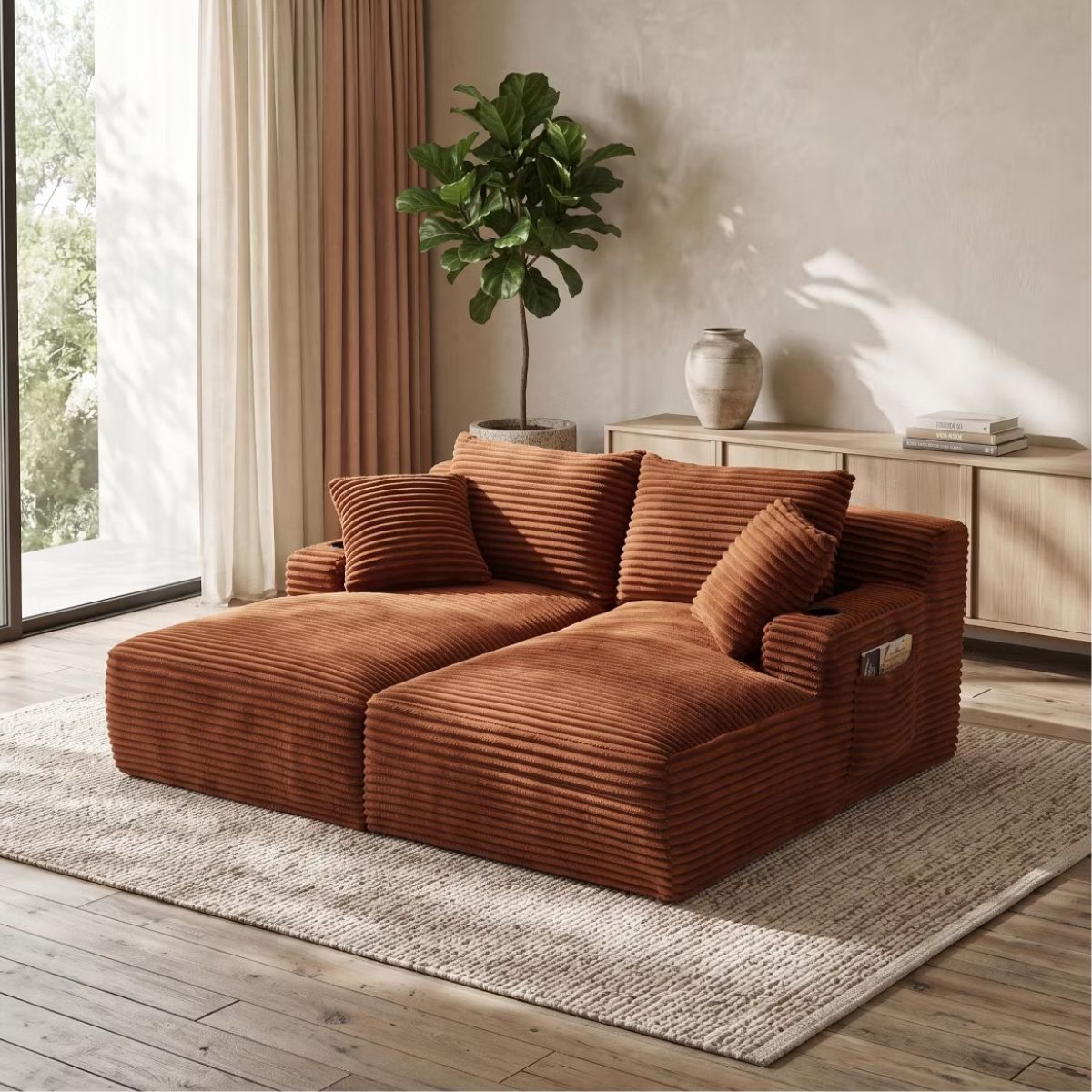 Double Chaise Lounge Sofa, Modular Sleeper with Cupholders & Corduroy Upholstery