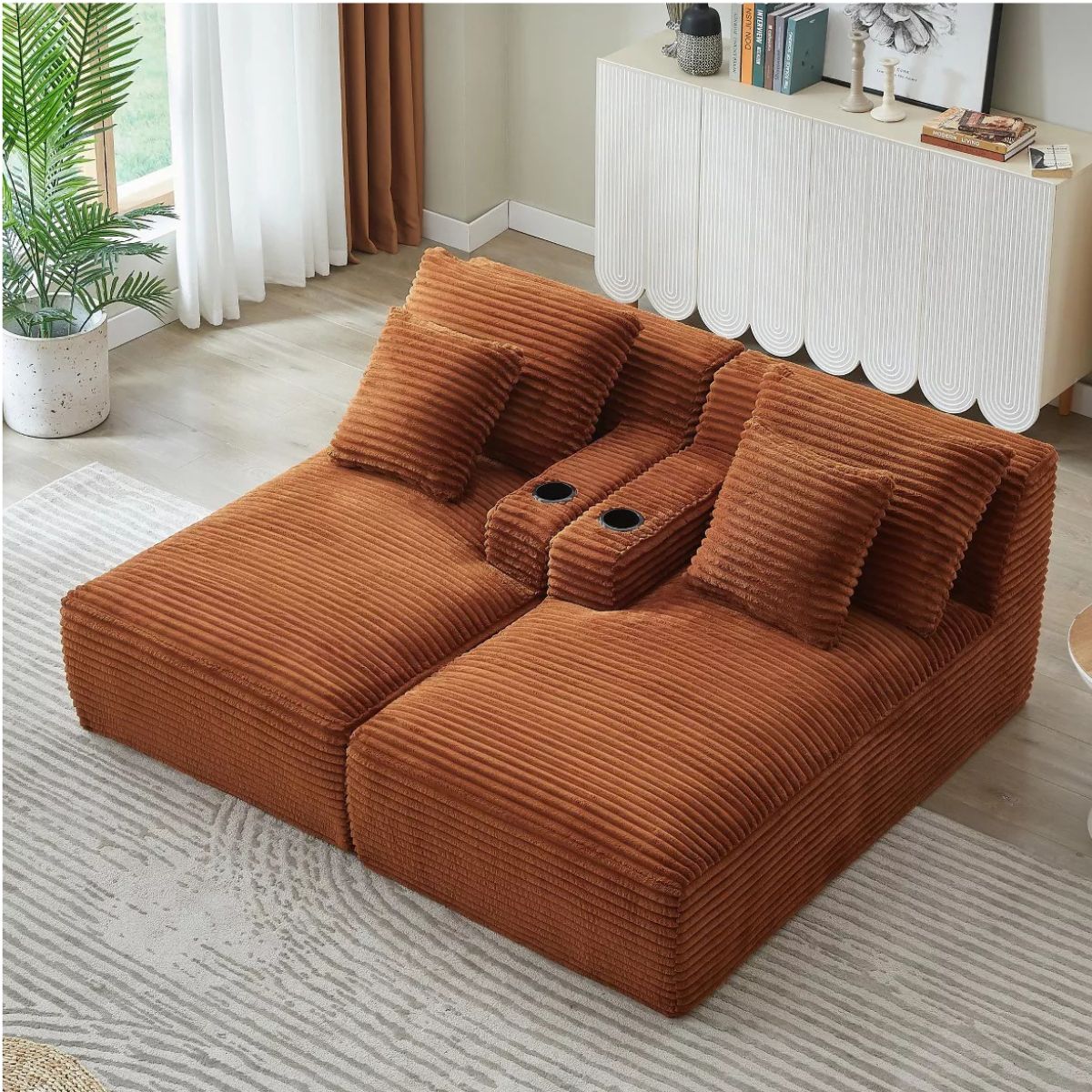Double Chaise Lounge Sofa, Modular Sleeper with Cupholders & Corduroy Upholstery