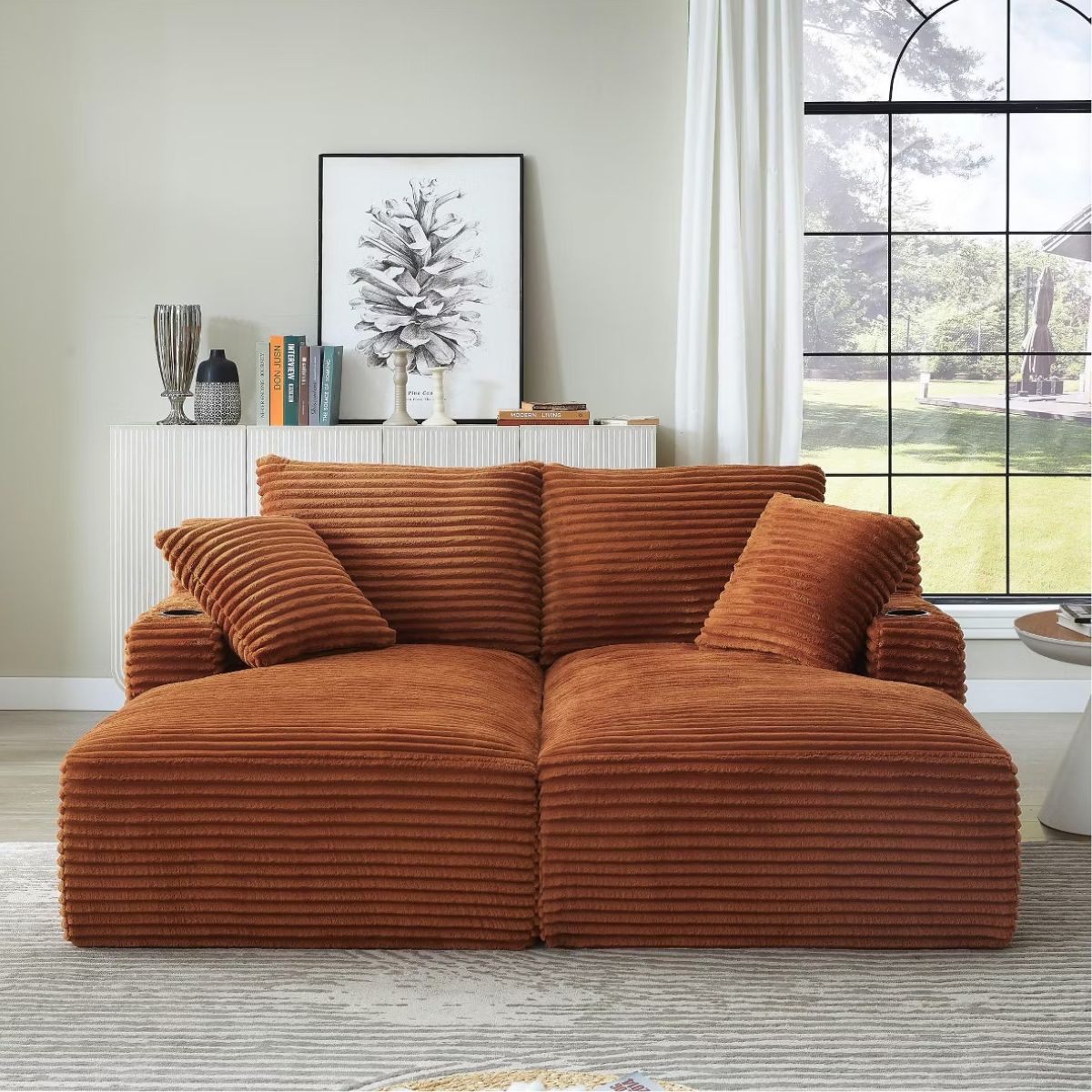 Double Chaise Lounge Sofa, Modular Sleeper with Cupholders & Corduroy Upholstery