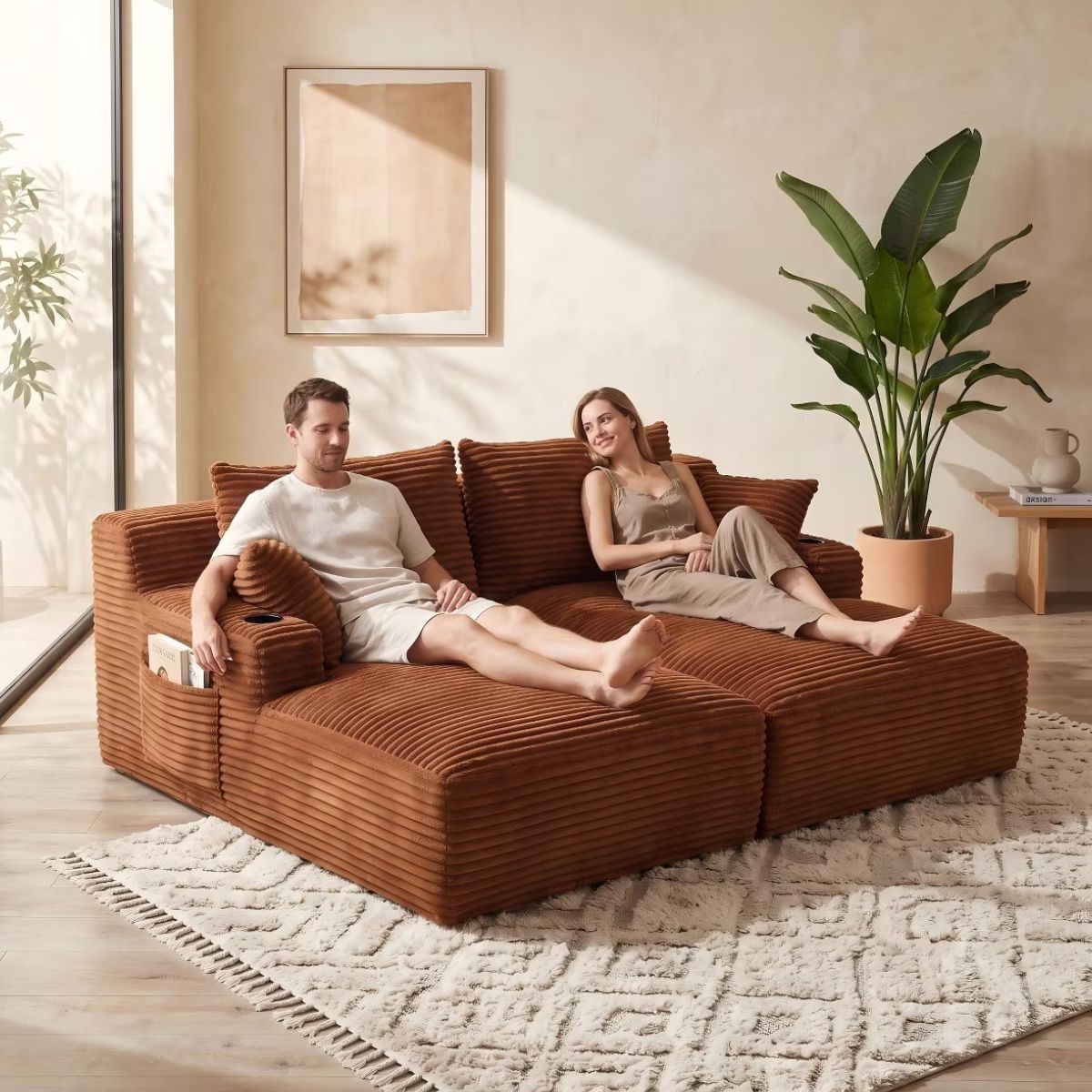 Double Chaise Lounge Sofa, Modular Sleeper with Cupholders & Corduroy Upholstery