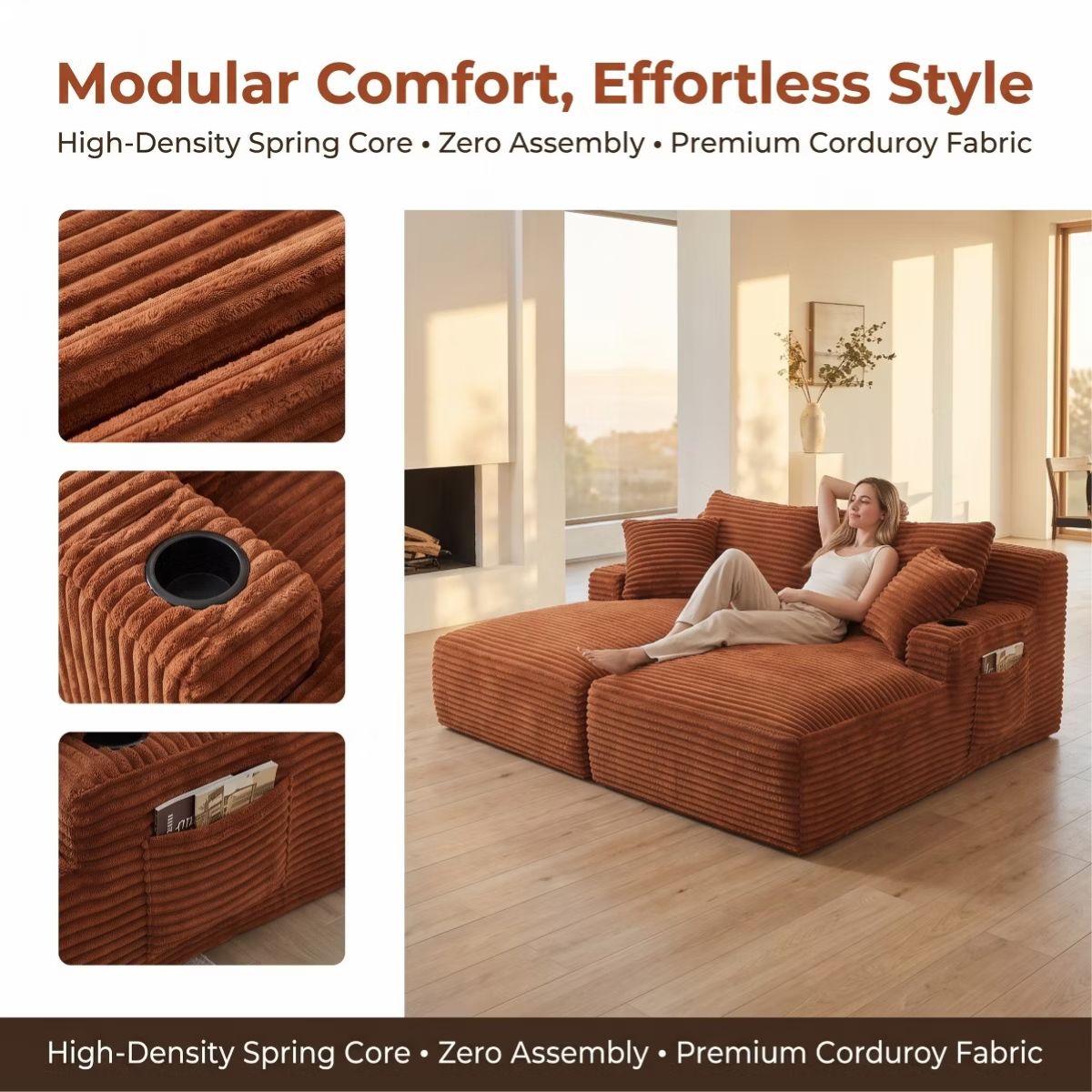 Double Chaise Lounge Sofa, Modular Sleeper with Cupholders & Corduroy Upholstery