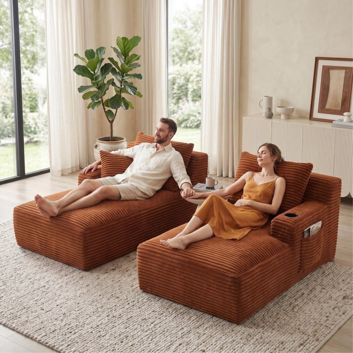 Double Chaise Lounge Sofa, Modular Sleeper with Cupholders & Corduroy Upholstery