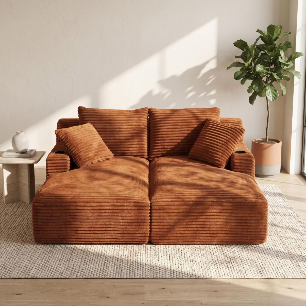 Double Chaise Lounge Sofa, Modular Sleeper with Cupholders & Corduroy Upholstery