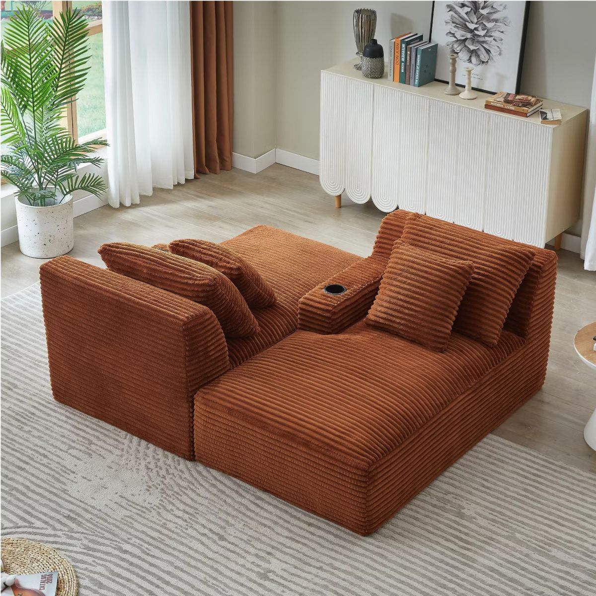 Double Chaise Lounge Sofa, Modular Sleeper with Cupholders & Corduroy Upholstery