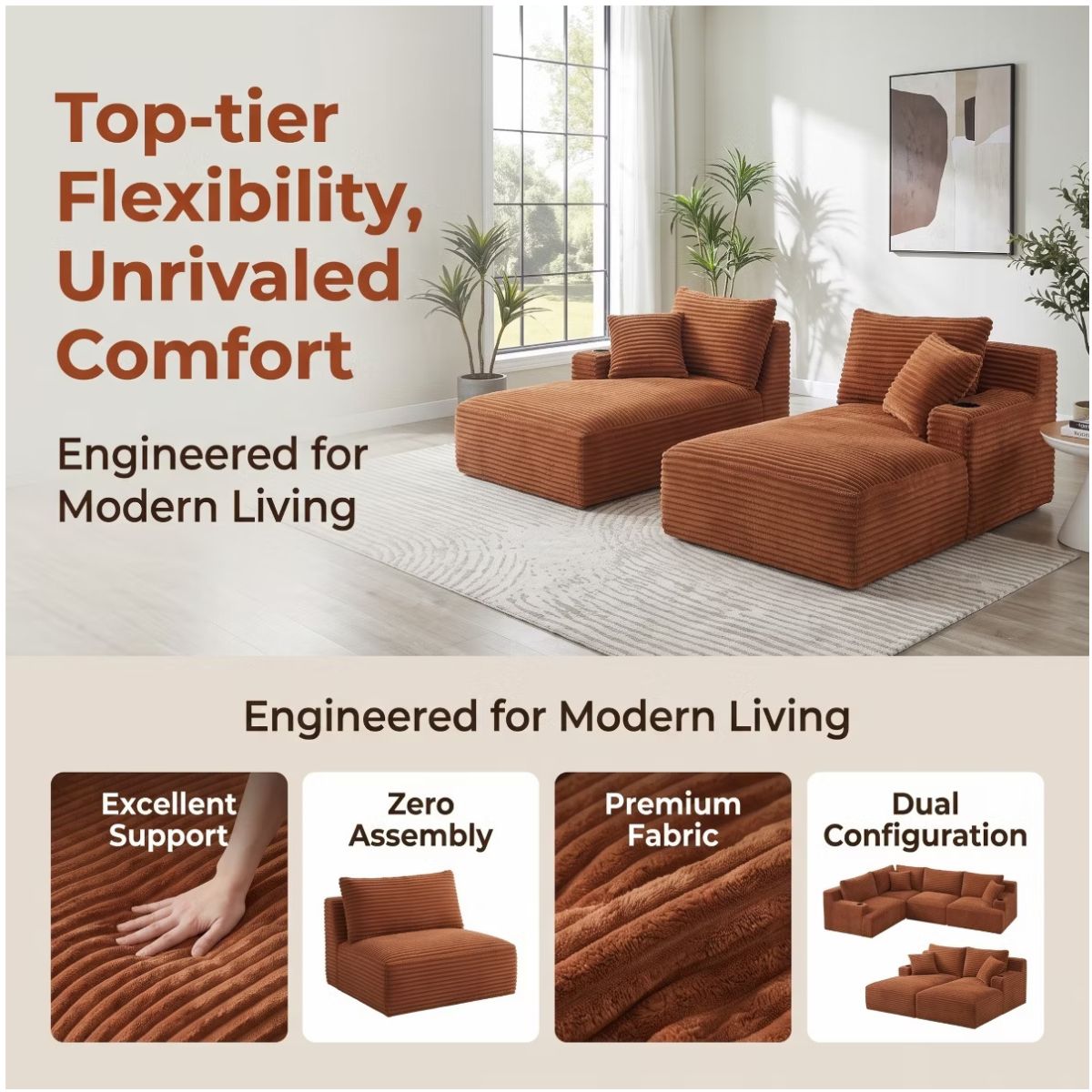 Double Chaise Lounge Sofa, Modular Sleeper with Cupholders & Corduroy Upholstery