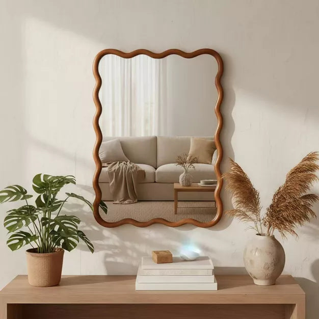 Solid Wood Wavy Rectangle Decorative Mirror 30x40 for Bedroom, Bathroom