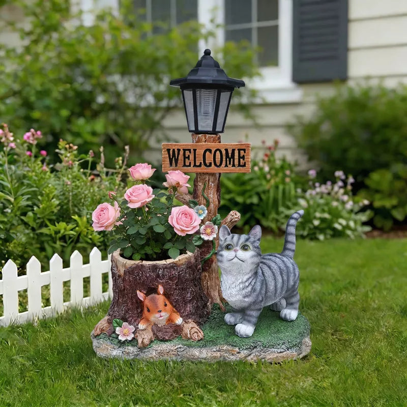 Adorable Animal Planter Statue – Cat & Puppy Garden Flower Pot