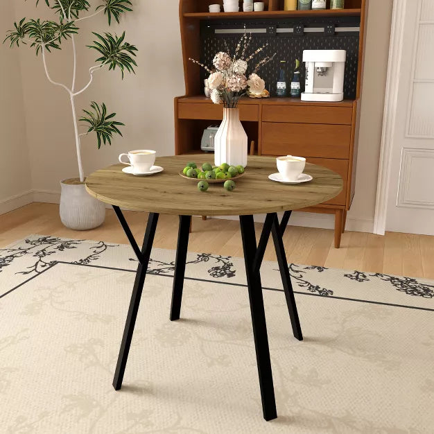 Round Dining Table – Small Circle Kitchen Table with Metal Black Legs for 2-4 people