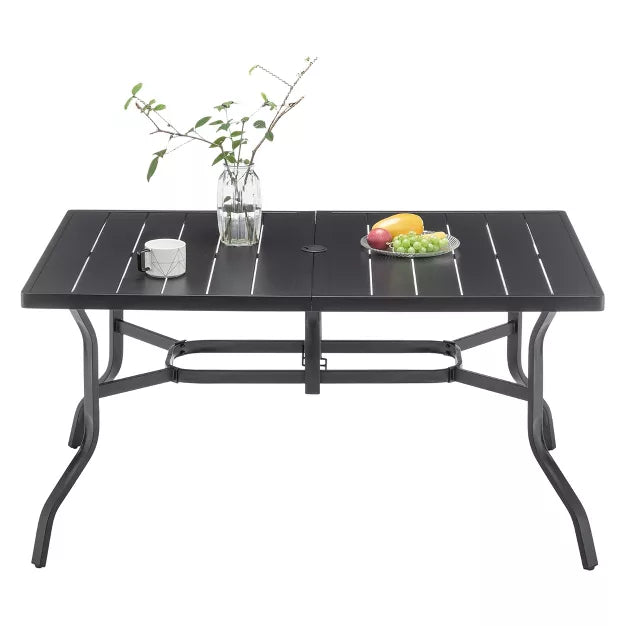 Outdoor Patio Dining Table for 6 – Steel Tabletop with Umbrella Hole & Grooved Surface